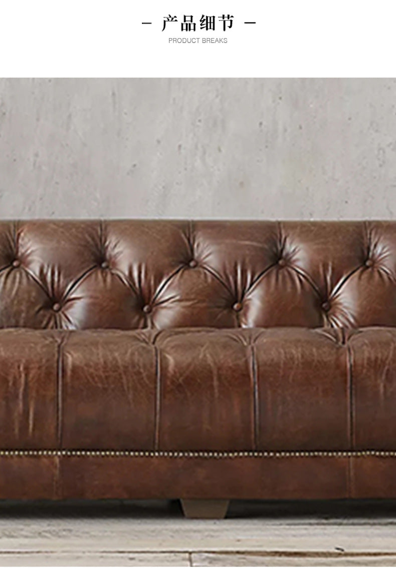 American Style Genuine Leather Sofa Modern Minimalist Living Room Vintage Industrial Style Straight Three-Four Seater Sofa Small Apartment Cafe