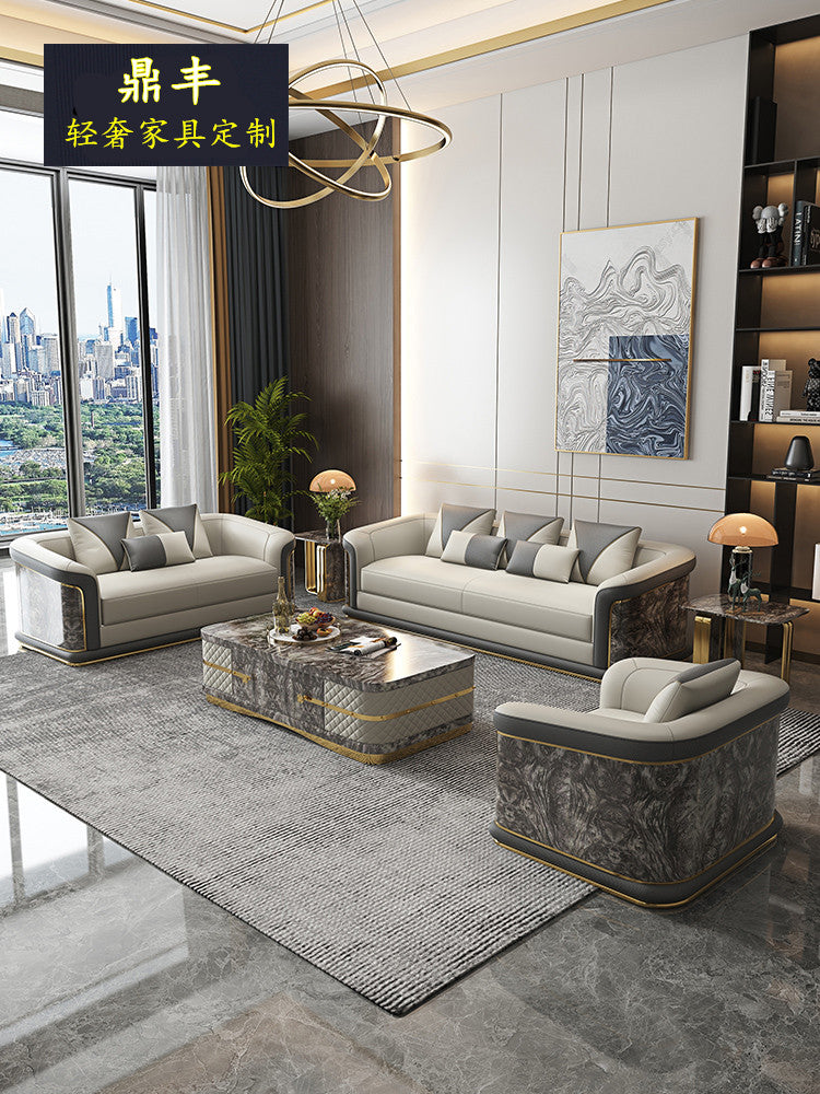 Italian Style Light Luxury Living Room Lacquered Genuine Leather Sofa Large Apartment High-End Villa Designer Mansion Whole House Furniture Customization