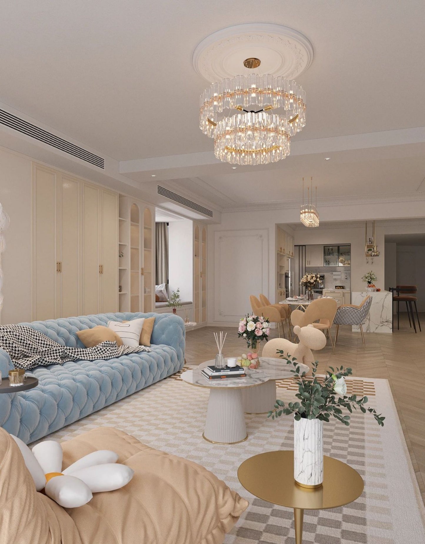 Modern Minimalist Light Luxury Living Room Art American Style Button Velvet Fabric Sofa Small Apartment Internet Celebrity Designer New Model