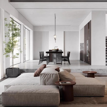 Nordic Minimalist Tofu Block Artistic Double-Sided Modular Combination Large Apartment Light Luxury Leather and Fabric Combined Living Room Straight Sofa