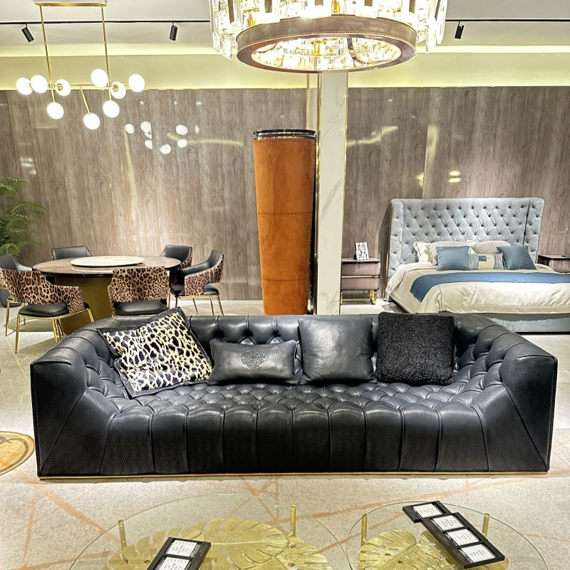 Italian Light Luxury robertocavalli Cracked Black Genuine Leather Villa Large Flat Living Room Straight Sofa