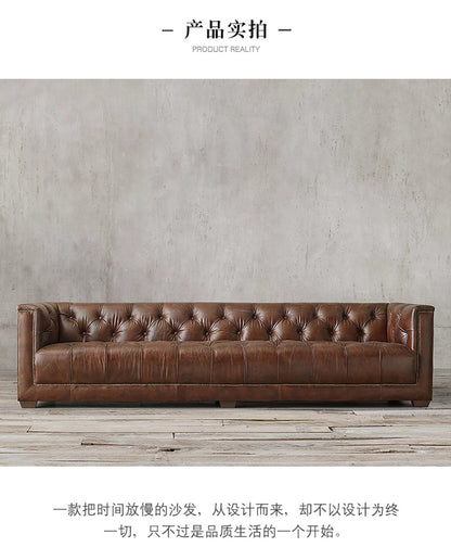 American Style Genuine Leather Sofa Modern Minimalist Living Room Vintage Industrial Style Straight Three-Four Seater Sofa Small Apartment Cafe