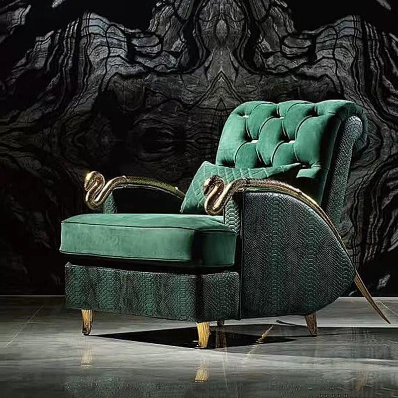 Italian Style Light Luxury Lounge Chair Pure Copper Snake Chair RobertoCacalli Leisure Sofa Chair Crocodile Leather Single Armchair