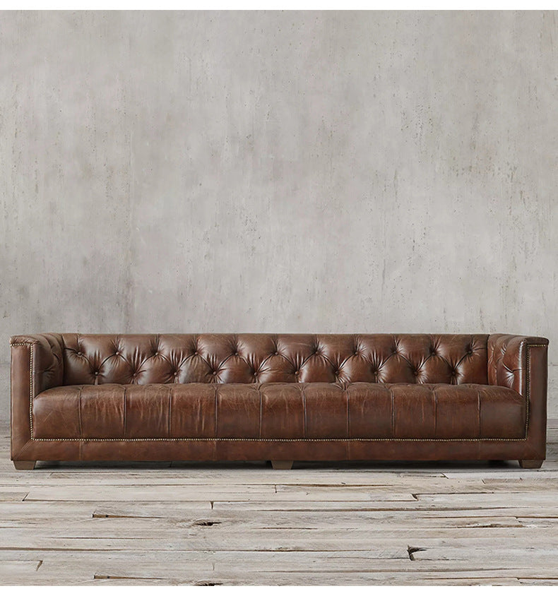 American Style Genuine Leather Sofa Modern Minimalist Living Room Vintage Industrial Style Straight Three-Four Seater Sofa Small Apartment Cafe