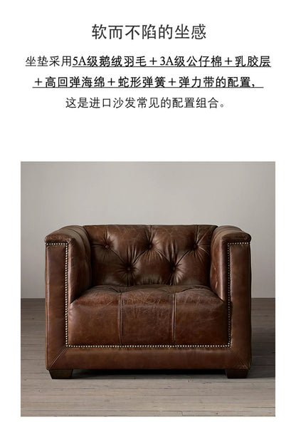 American Style Genuine Leather Sofa Modern Minimalist Living Room Vintage Industrial Style Straight Three-Four Seater Sofa Small Apartment Cafe
