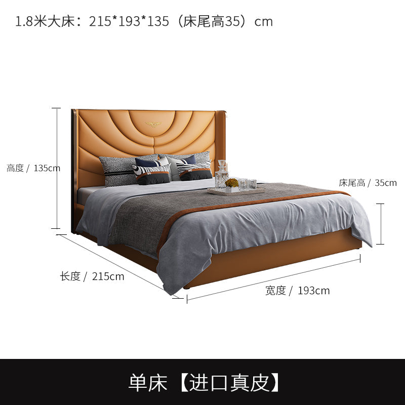 High-end Light Luxury Furniture Italian Minimalist Top Layer Cowhide Bedroom Solid Wood Bentley Light Luxury Master Bedroom Genuine Leather Double Bed Trendy