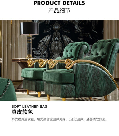 Italian Style Light Luxury Lounge Chair Pure Copper Snake Chair RobertoCacalli Leisure Sofa Chair Crocodile Leather Single Armchair