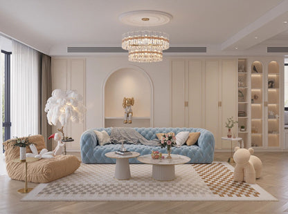 Modern Minimalist Light Luxury Living Room Art American Style Button Velvet Fabric Sofa Small Apartment Internet Celebrity Designer New Model
