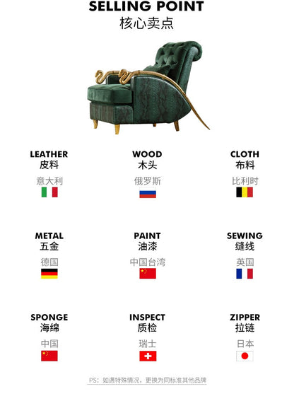 Italian Style Light Luxury Lounge Chair Pure Copper Snake Chair RobertoCacalli Leisure Sofa Chair Crocodile Leather Single Armchair