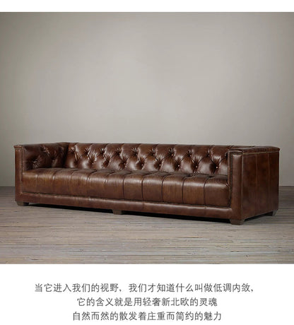 American Style Genuine Leather Sofa Modern Minimalist Living Room Vintage Industrial Style Straight Three-Four Seater Sofa Small Apartment Cafe