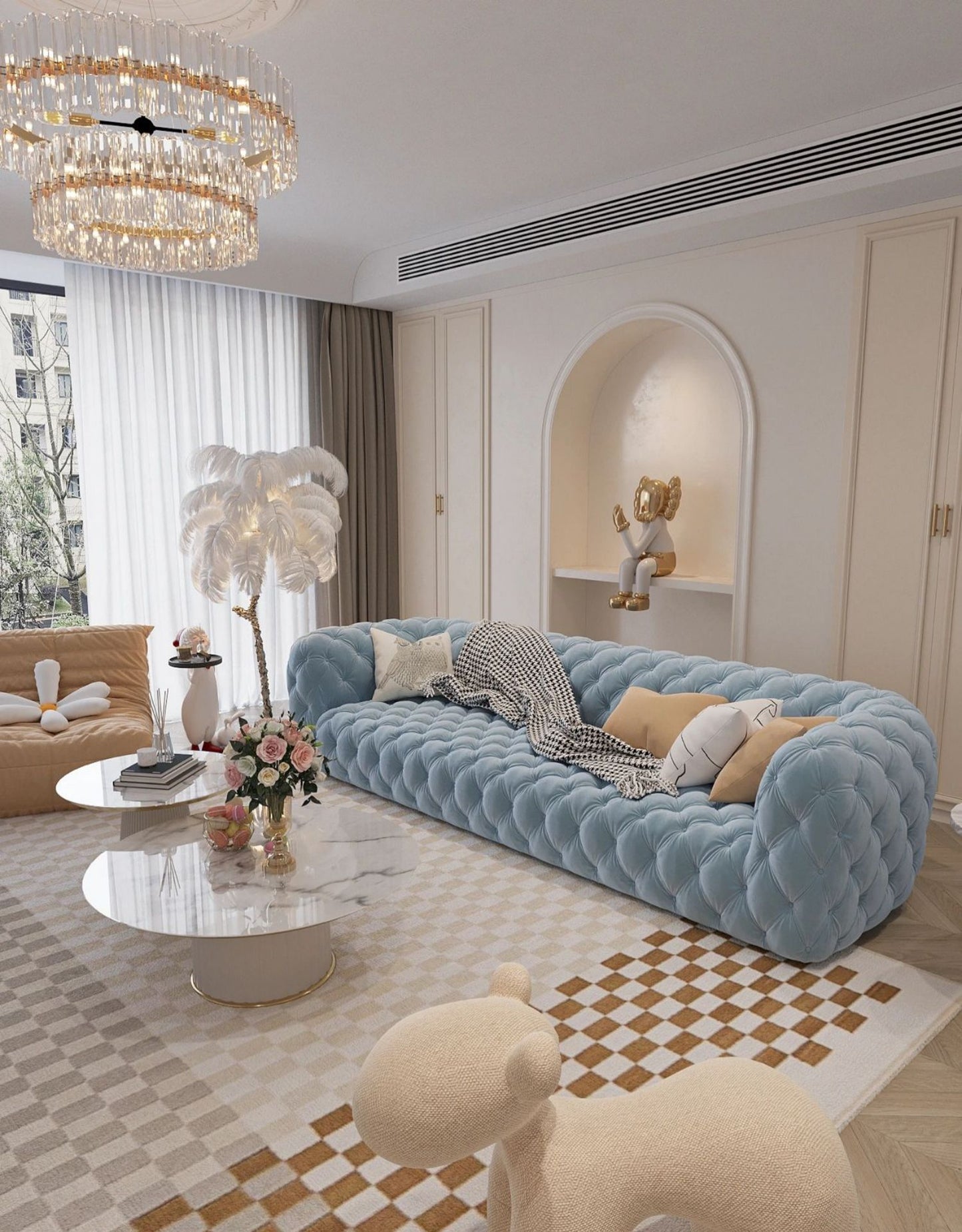 Modern Minimalist Light Luxury Living Room Art American Style Button Velvet Fabric Sofa Small Apartment Internet Celebrity Designer New Model