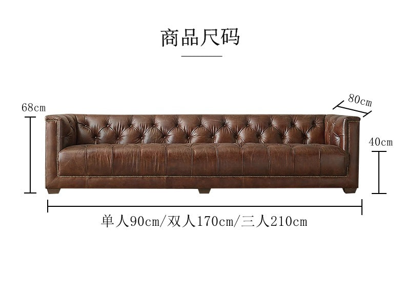 American Style Genuine Leather Sofa Modern Minimalist Living Room Vintage Industrial Style Straight Three-Four Seater Sofa Small Apartment Cafe