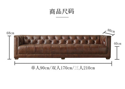 American Style Genuine Leather Sofa Modern Minimalist Living Room Vintage Industrial Style Straight Three-Four Seater Sofa Small Apartment Cafe