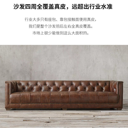 American Style Genuine Leather Sofa Modern Minimalist Living Room Vintage Industrial Style Straight Three-Four Seater Sofa Small Apartment Cafe