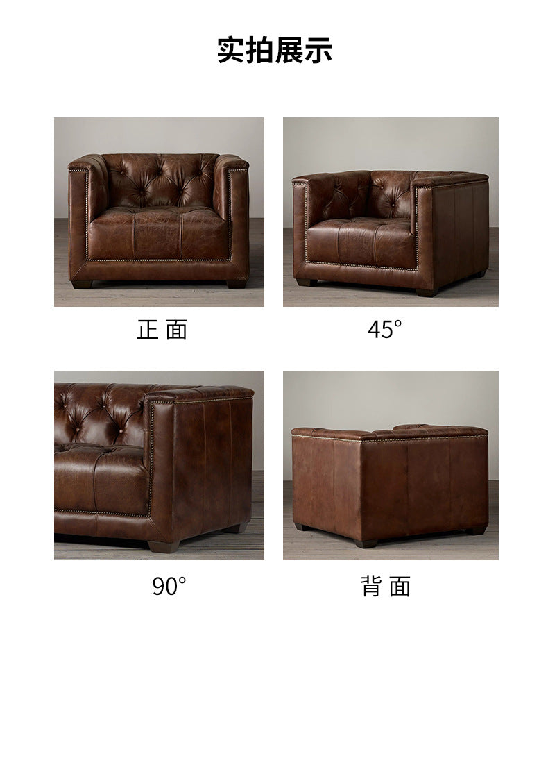 American Style Genuine Leather Sofa Modern Minimalist Living Room Vintage Industrial Style Straight Three-Four Seater Sofa Small Apartment Cafe