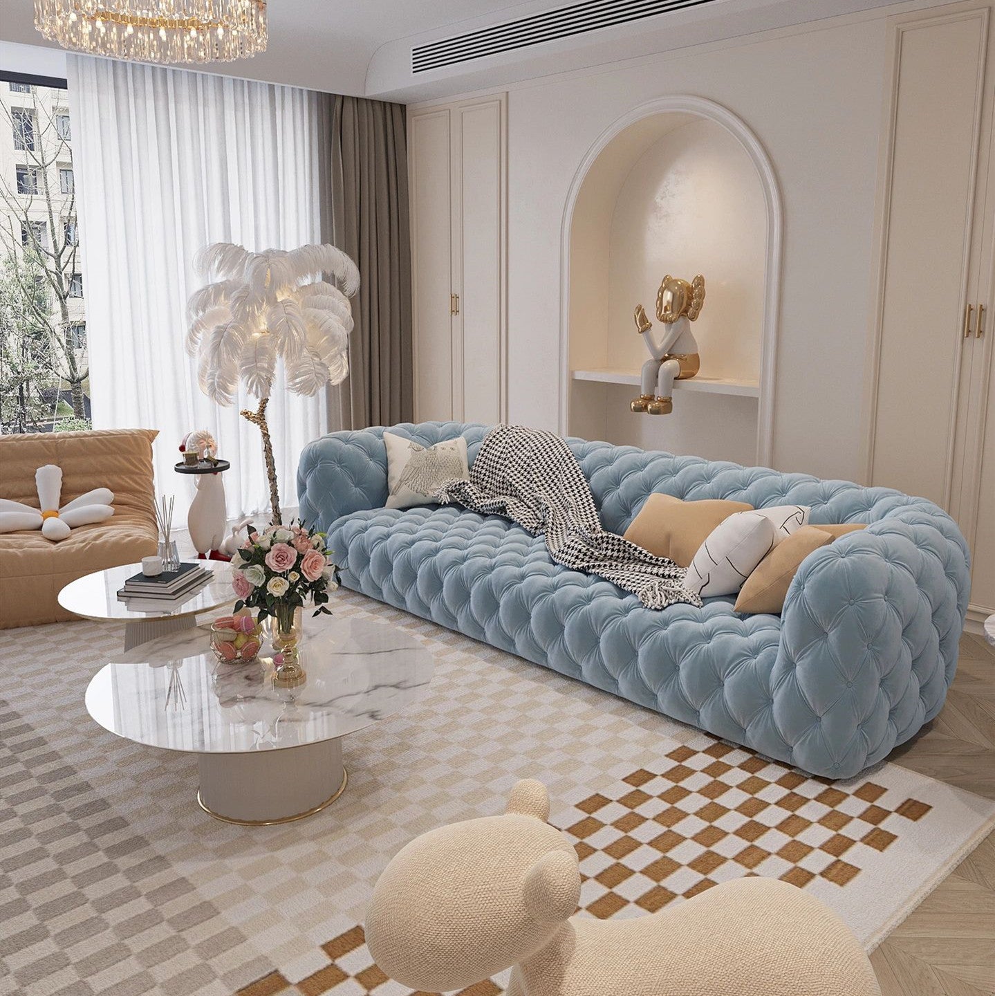 Modern Minimalist Light Luxury Living Room Art American Style Button Velvet Fabric Sofa Small Apartment Internet Celebrity Designer New Model