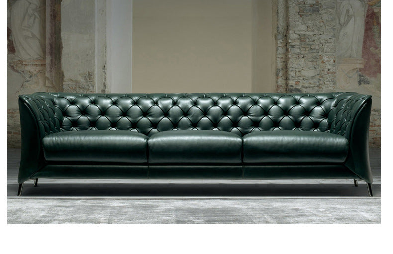 Green Vintage Top Layer Cowhide Buckle Sofa Light Luxury Large and Small Apartment Living Room Simple Postmodern Designer Straight Row