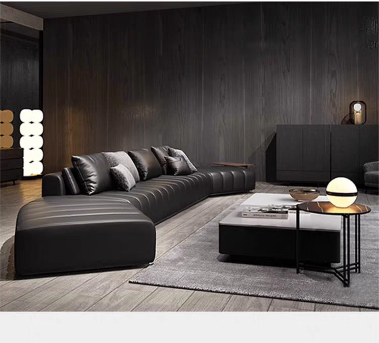 Piano Keys Minimalist Style L Genuine Leather Sofa Light Luxury Black Irregular Sofa Living Room Large Flat Floor Curved Sofa