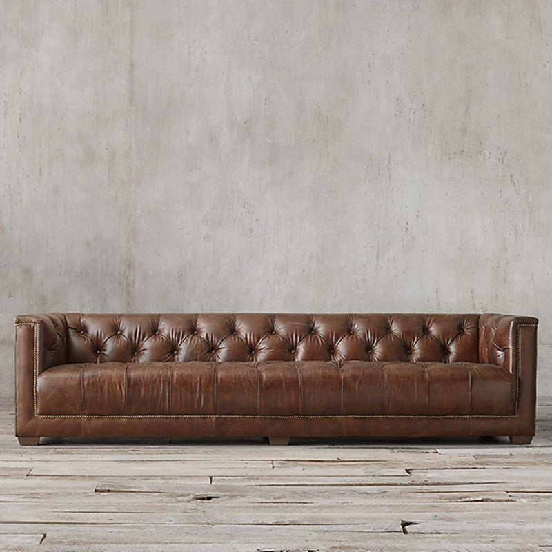 American Style Genuine Leather Sofa Modern Minimalist Living Room Vintage Industrial Style Straight Three-Four Seater Sofa Small Apartment Cafe