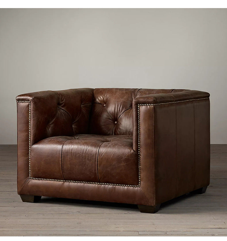 American Style Genuine Leather Sofa Modern Minimalist Living Room Vintage Industrial Style Straight Three-Four Seater Sofa Small Apartment Cafe