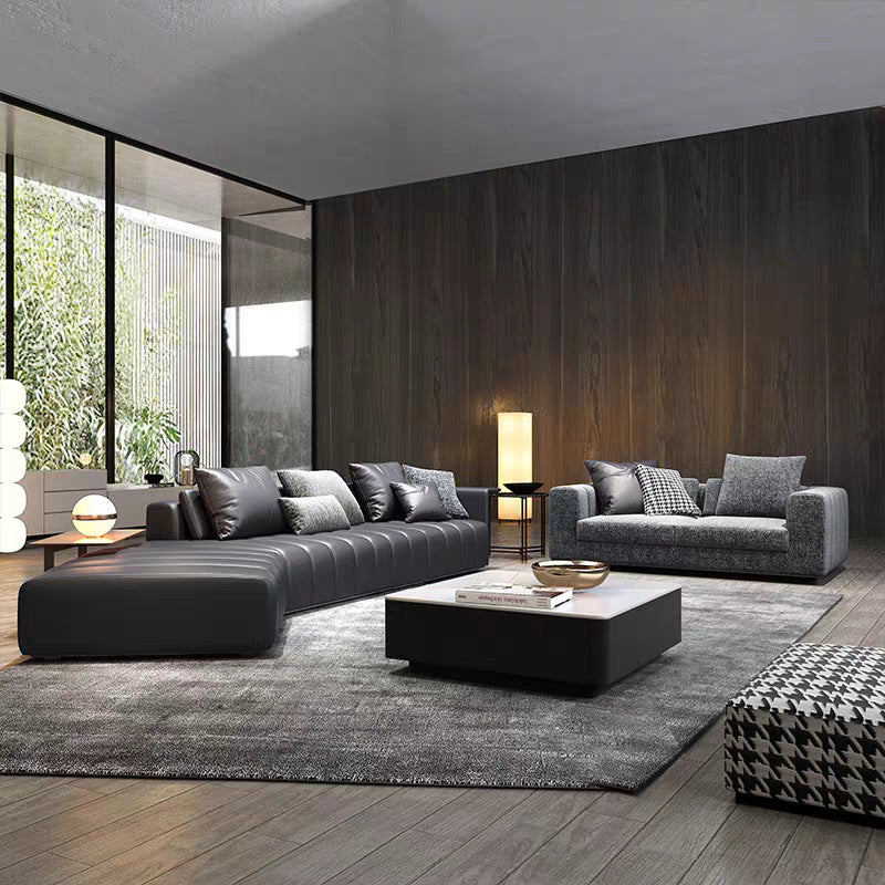 Piano Keys Minimalist Style L Genuine Leather Sofa Light Luxury Black Irregular Sofa Living Room Large Flat Floor Curved Sofa
