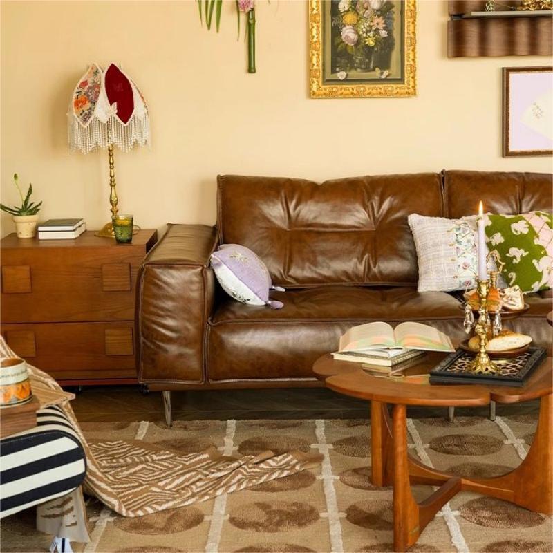 Vintage Style Oil Wax Retro Genuine Leather Sofa